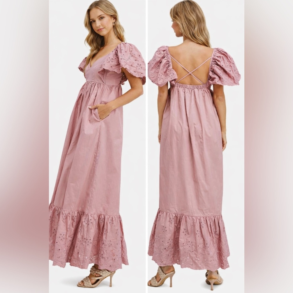 En Saison Barnette Mauve Eyelet Cotton Maxi Dress M